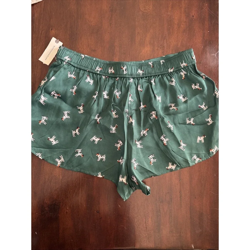 Anthropologie‎ Silky Pajama Sleep Short Size Small Green w Spotted Dog Lyrebird